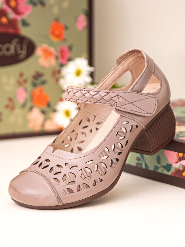 SOCOFY Comfy Leather Breathable Round Toe Vintage Mary Jane Heels