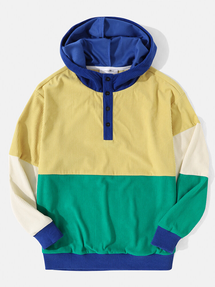 

Mens Color Block Stitching Corduroy Half Button Casual Overhead Hoodies, Yellow