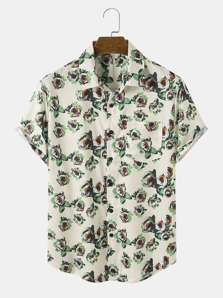 Mens Flower Plant Print Button Up Vacation Short Sleeve Shirts