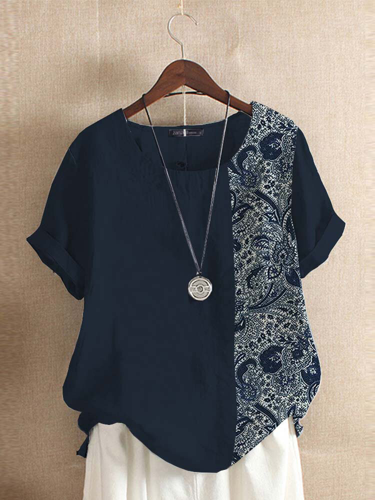 Женская блузка с коротким рукавом из хлопка в стиле пэчворк в этническом стиле с принтом Пейсли