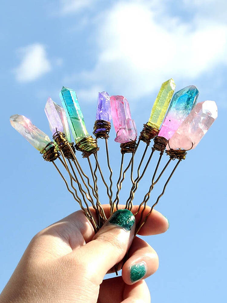 Trendy Gradient Natural Stone Handmade U-shaped Hairpin Colorful Alloy Hair Fork Chic Jewelry