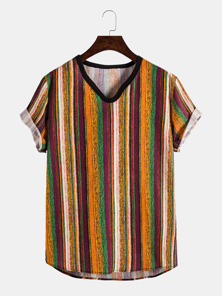 Men Cotton Linen Retro Stripes Casual Slim T-Shirt