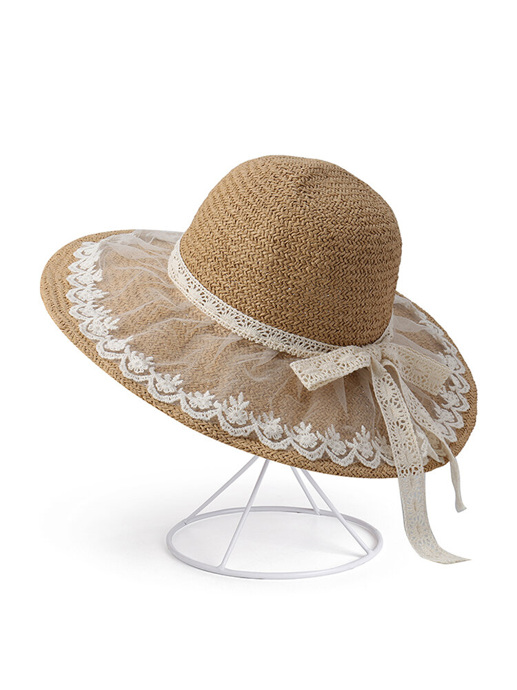 Women Foldable Lace Bow Sunscreen Bucket Straw Hat Outdoor Casual Travel Beach Sea Hat