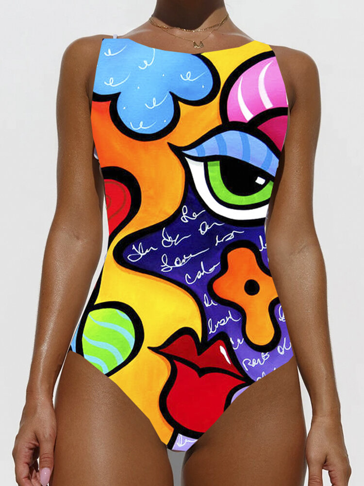 Women Colorful Abstract Print High Neck Slimming One Piece Sleeveless Swimsuit
