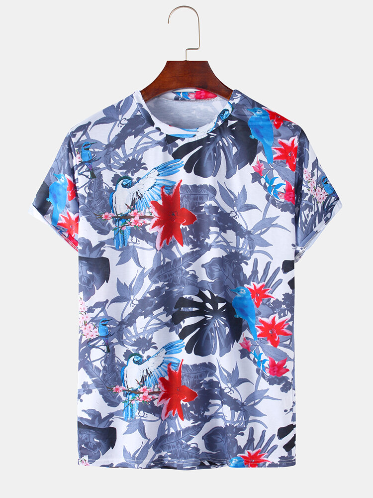

Mens 3D Flowers & Birds Printed Casual O-neck Short Sleeve T-shirts, White;black