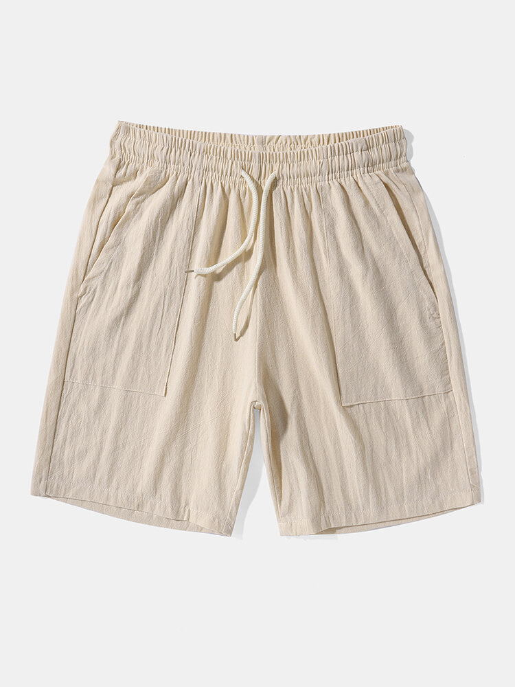 Mens Solid Color Large Pocket Linen Basics Drawstring Shorts