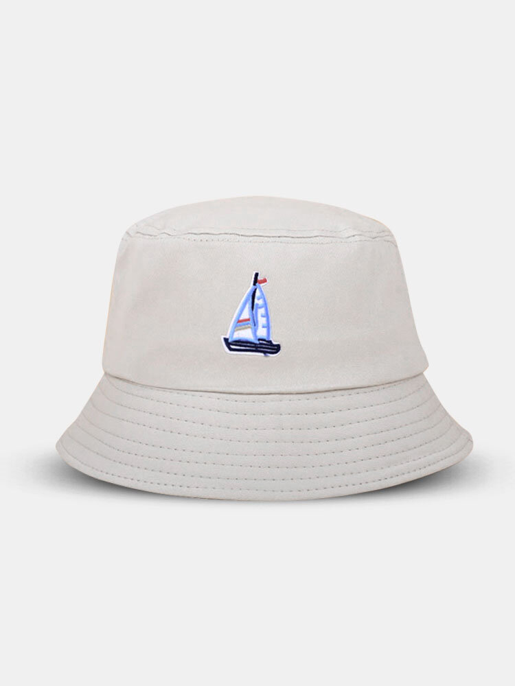 Unisex Cotton Solid Sailboat Pattern Embroidered Casual Sunshade Bucket Hat