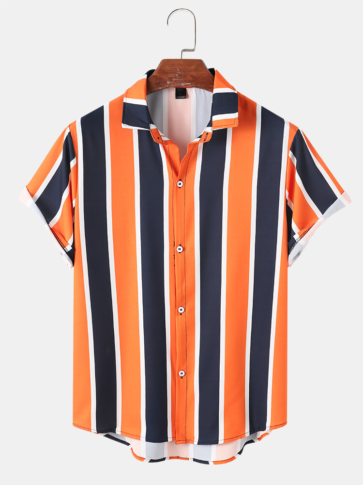 Mens Holiday Wide Striped Button Up Short Sleeve Shirts