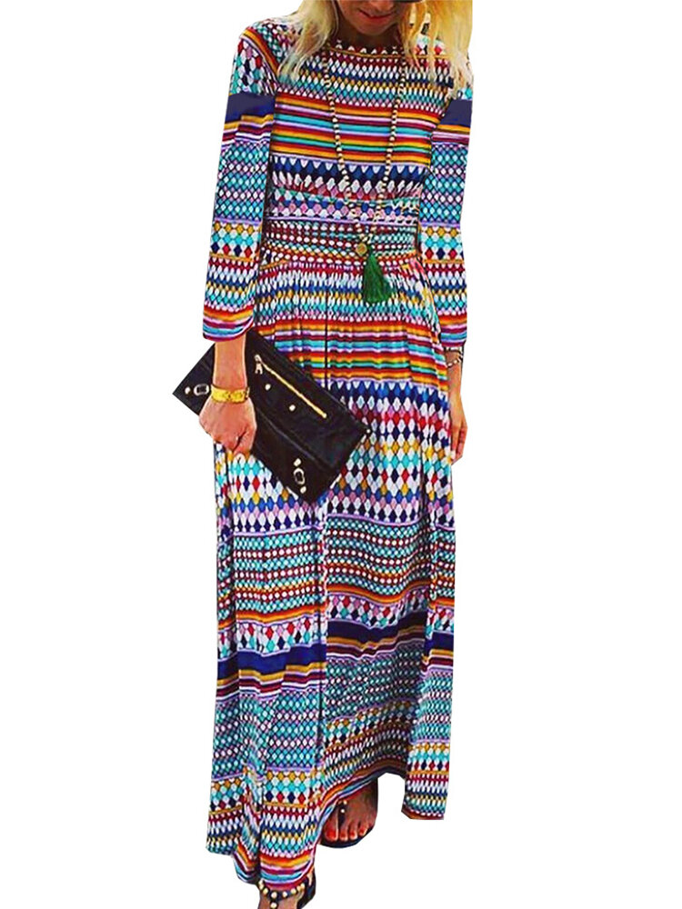 Long Sleeve Ethnic Stripe Print Bohemian Maxi Dress