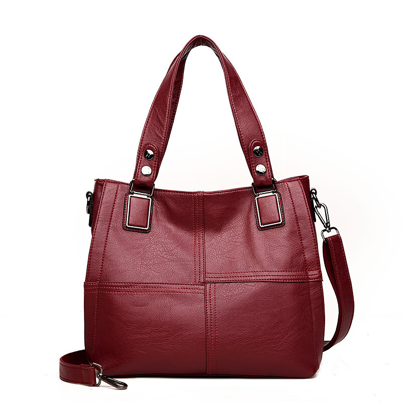 Women Soft Leather Leisure Patchwork Handbag Double Layer Large Capacity Crossbody Bag