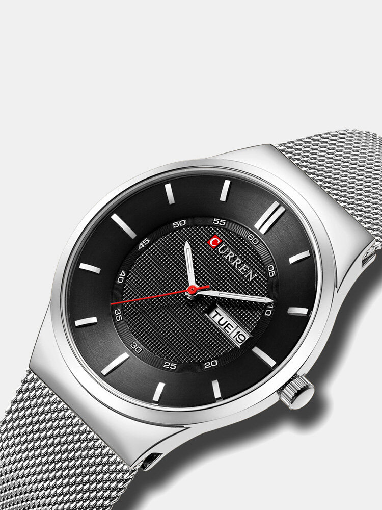 Luxo em aço inoxidável Watch semana Data Display Quartz Watch
