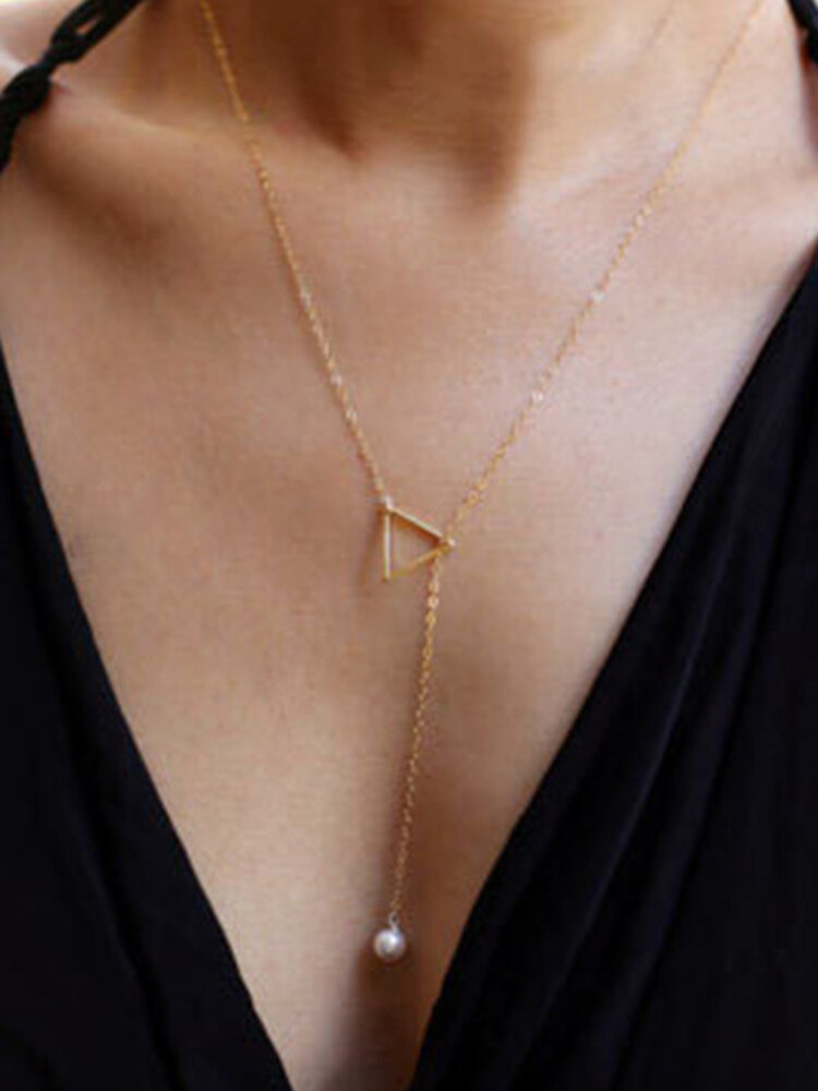 Trendy Openwork Triangle Pearl Pendant Necklace Y Shape Long Clavicle Chain Chic Jewelry