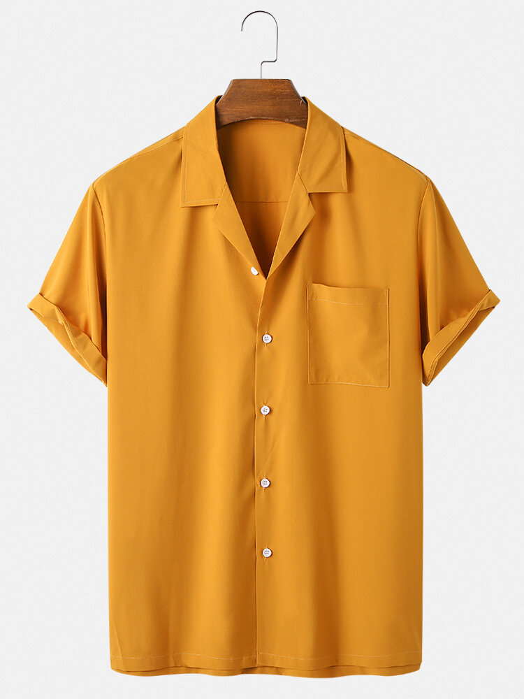 Mens Solid Color Revere Collar Casual Short Sleeve Designer Shirts With Pocket