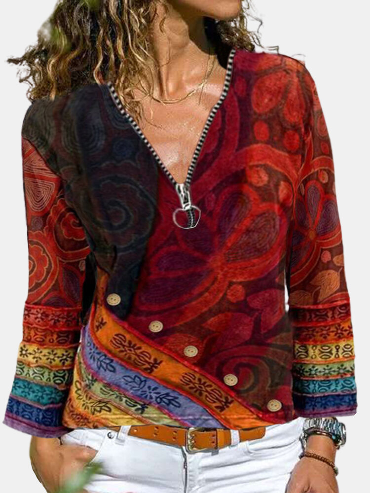 Ethnic Rainbow Printed Long Sleeve V-neck Zipper T-Shirt For Women