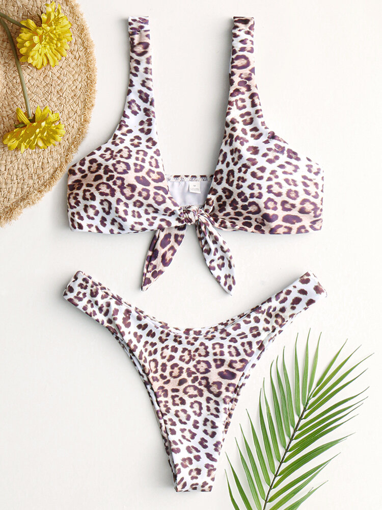 Women Bikini Leopard Tie Front Wide Shoulder Straps Swimming Backless Beachwear
