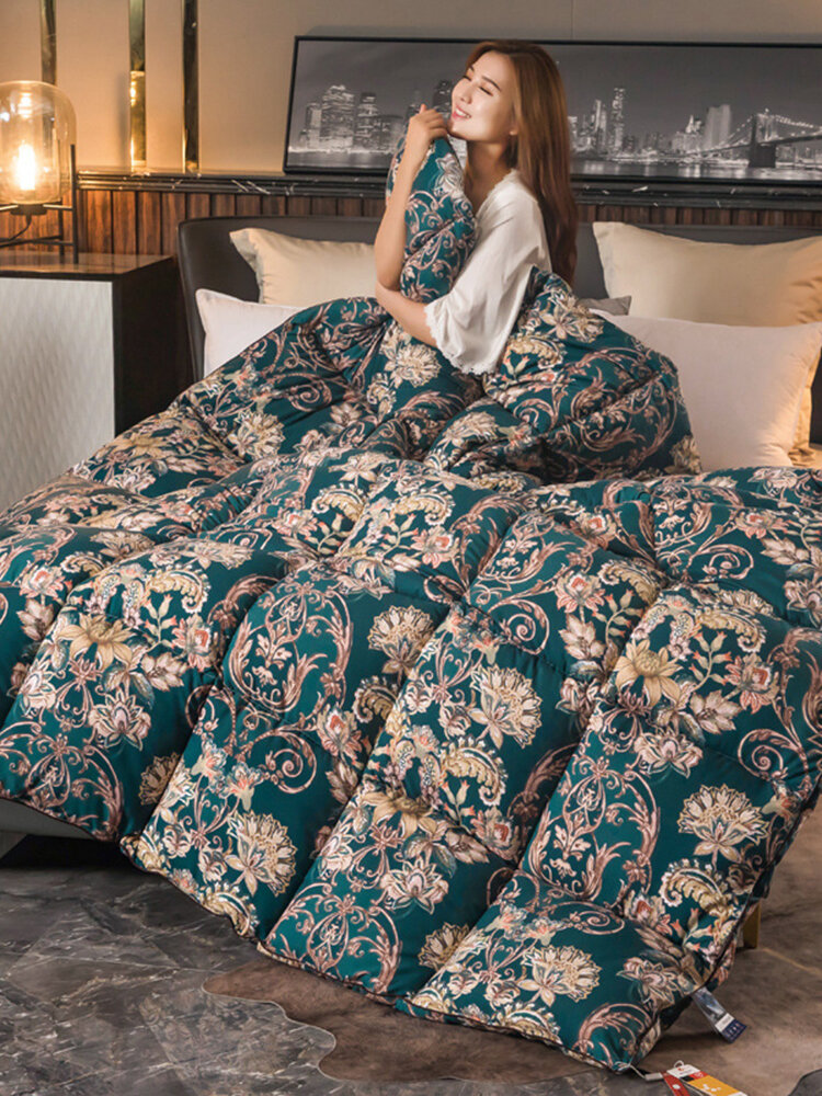 

1Pc Floral Overlay Print Thickened Duvet 95 White Goose Down Winter Duvet Comfy Bedding Single Double Warmth Quilt, Red;blue;green;dark green;beige