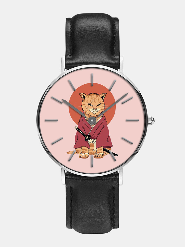 

4 Colors PU Alloy Men Trendy Cartoon Warrior Cat Print Dial Watch Decorated Pointer Quartz Watch, Pink;white;khaki;black