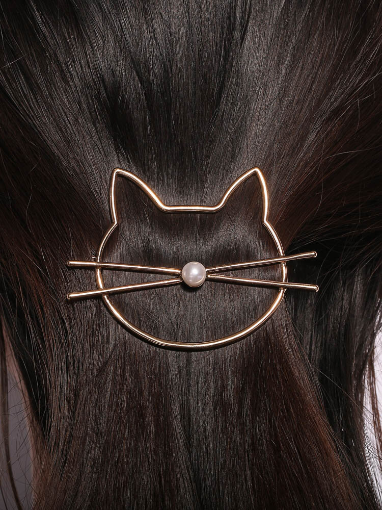 Fashion Lovely Animal Hollow Cat Pearl Hairpin Gold Silver Color Hair Clip Women Hair Accessories