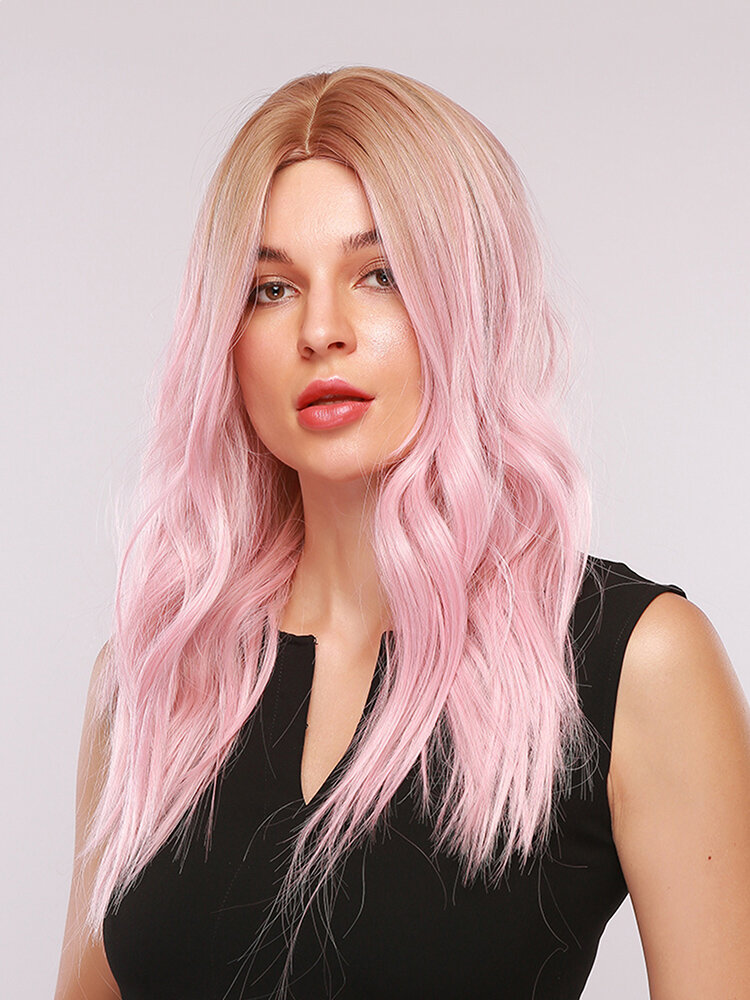 24 Inches Brown-pink Gradient Color Medium-length Big Wavy Curly Medium Parted Hair Trendy Headgear Synthetic Wig