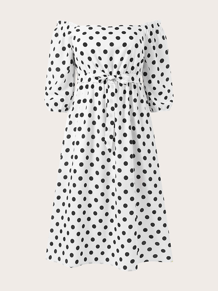 Plus Size Polka Dot Off Shoulder Belt Design Dress