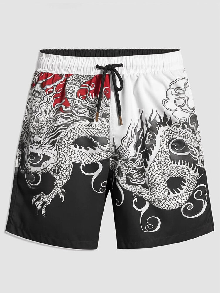 Mens Dragon Print Contrast Drawstring Waist Shorts