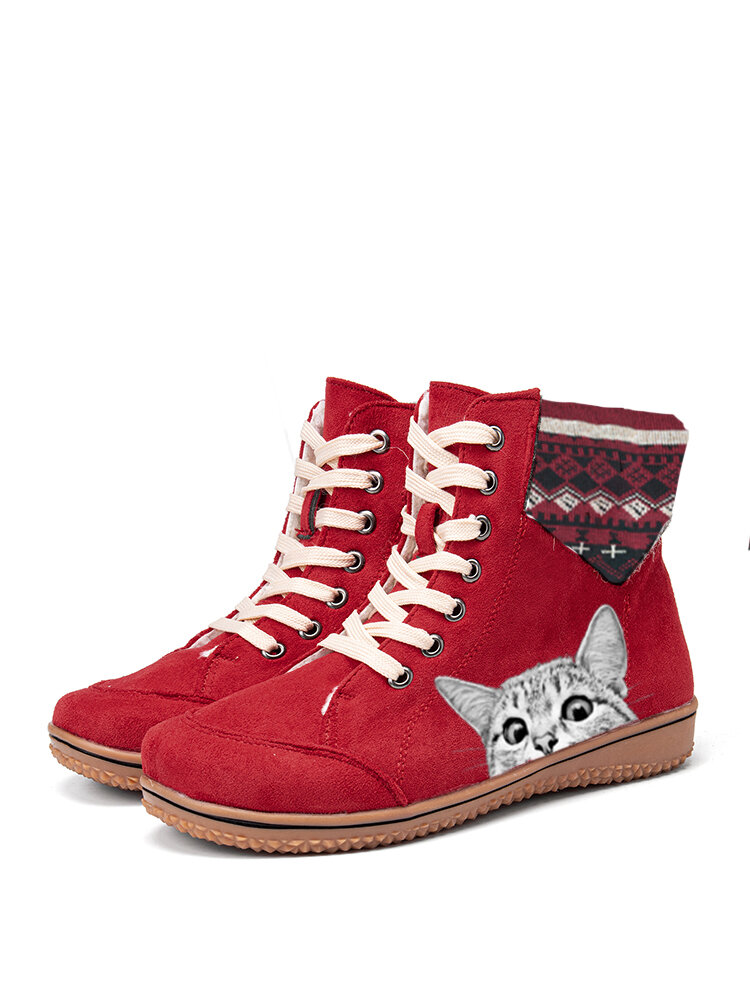 Large Size Cat Printing Christamas Lace Up Flat Short Boots For Women