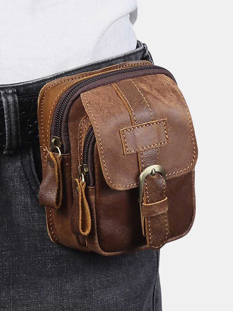 Men Genuine Leather Multi-Layers Waist Bag Belt Bag