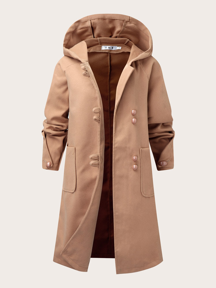 Plus Size Vintage Fleece Single Breasted Solid Pocket Hooded Coat