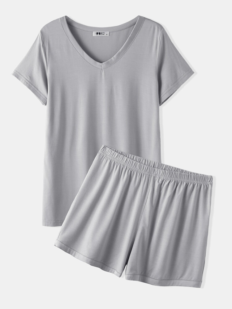 

Women Modal Pajamas Short Sets Solid Softies V-Neck Casual Summer Sleepwear, Grey;black;pink