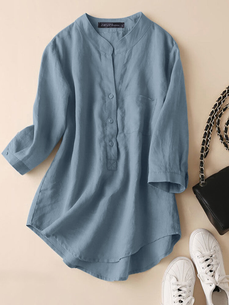Solid Button Pocket High-Low Hem Casual Cotton Blouse