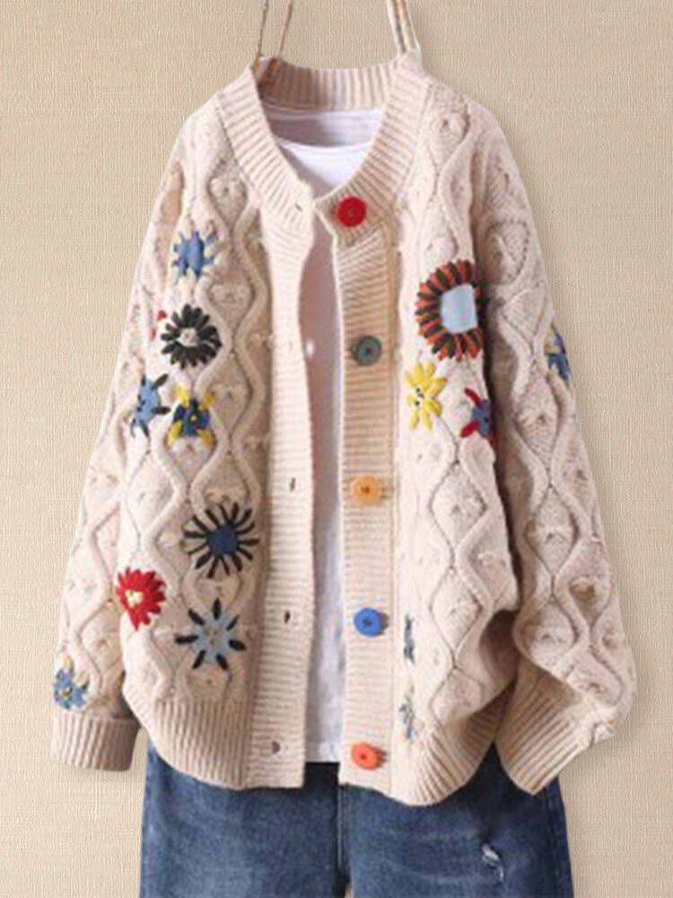 

Calico Embroidered Long Sleeve Knitted Casual Cardigan For Women, Pink;red;beige