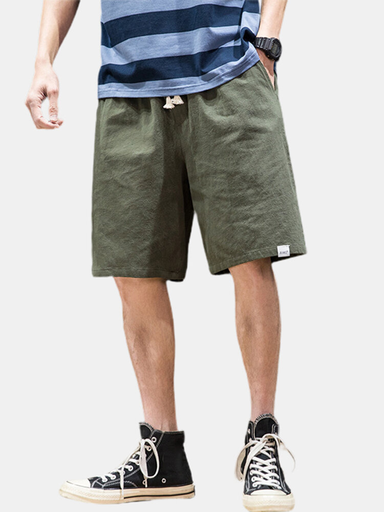 

Mens Flax Breathable Solid Color Drawstring Shorts, Khaki;black;gray;army green