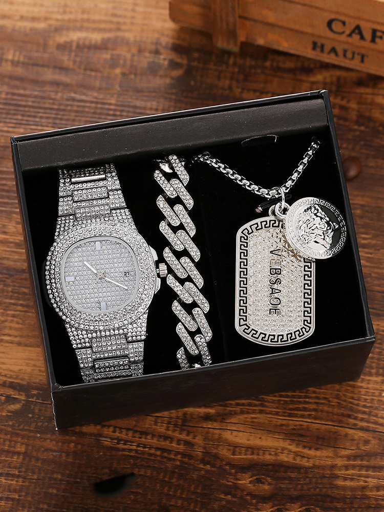 3 Pcs Men Watch Set Inlaid Diamond Steel Band Quartz Watch Necklace Bracelet Jewelry Gift Kit