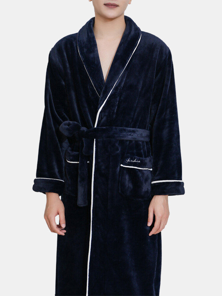 Men Flannel Warm Lapel Collar Pajamas Belted Lounge Robe