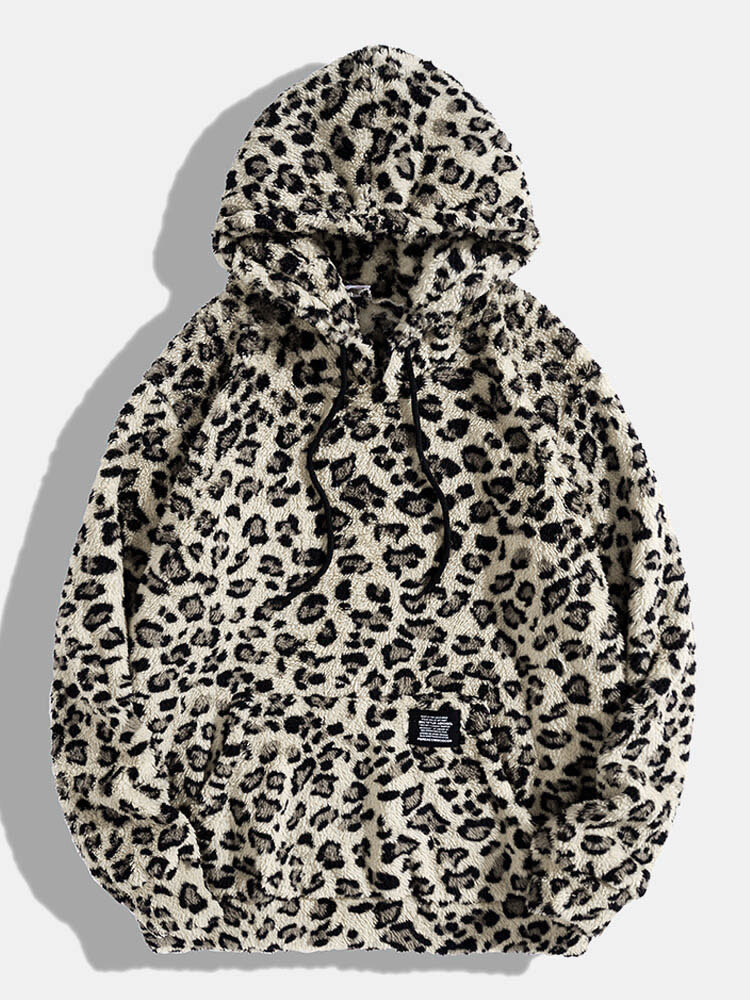 Mens All Over Leopard Print Plush Pouch Pocket Overhead Hoodies