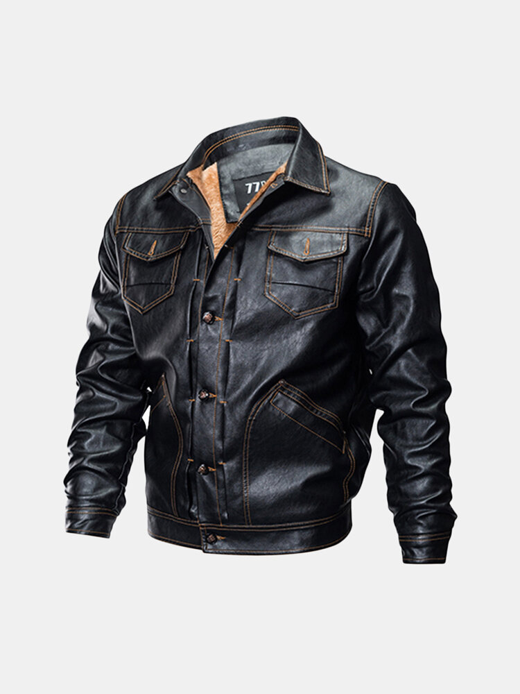Mens Casual Moto Leather Jacket Multi Pockets Thicken Fleece Jacket