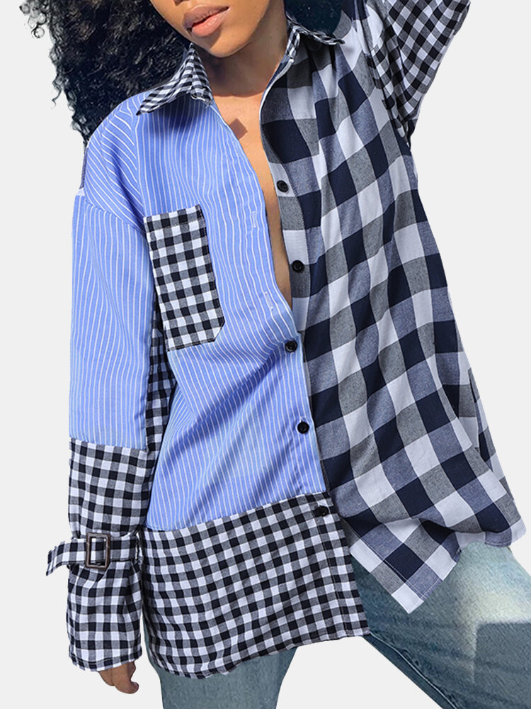 Women Plaid Patchwork Button Pocket Long Sleeve Casual Blouse
