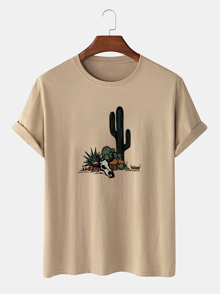 Mens 100% Cotton Cactus Print Crew Neck Casual Short Sleeve T-Shirt
