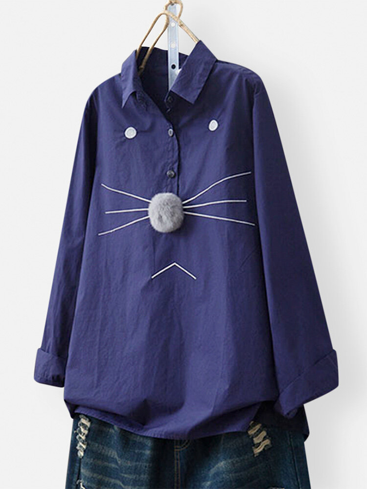 Simple Cat Embroidery Hairball Long Sleeve Blouse Lapel Shirt