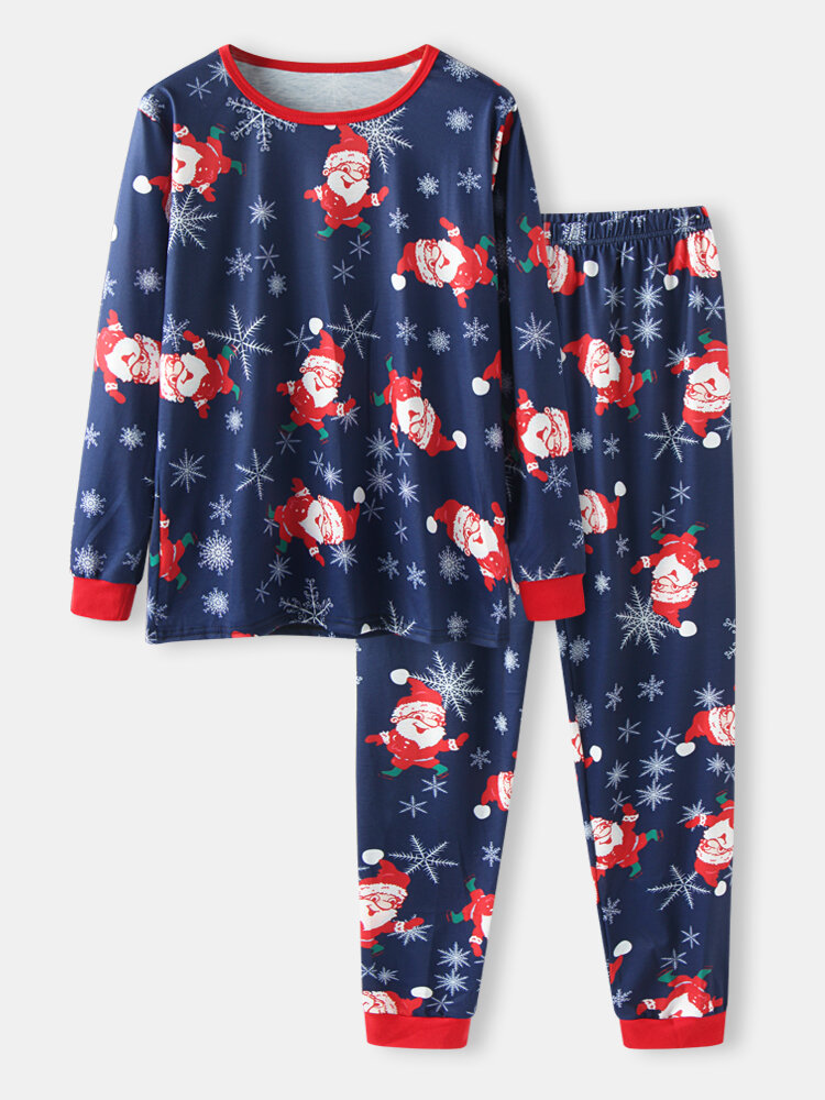 Women Santa Claus Snowflake Print Round Neck Loose Jogger Pants Home Pajamas Set