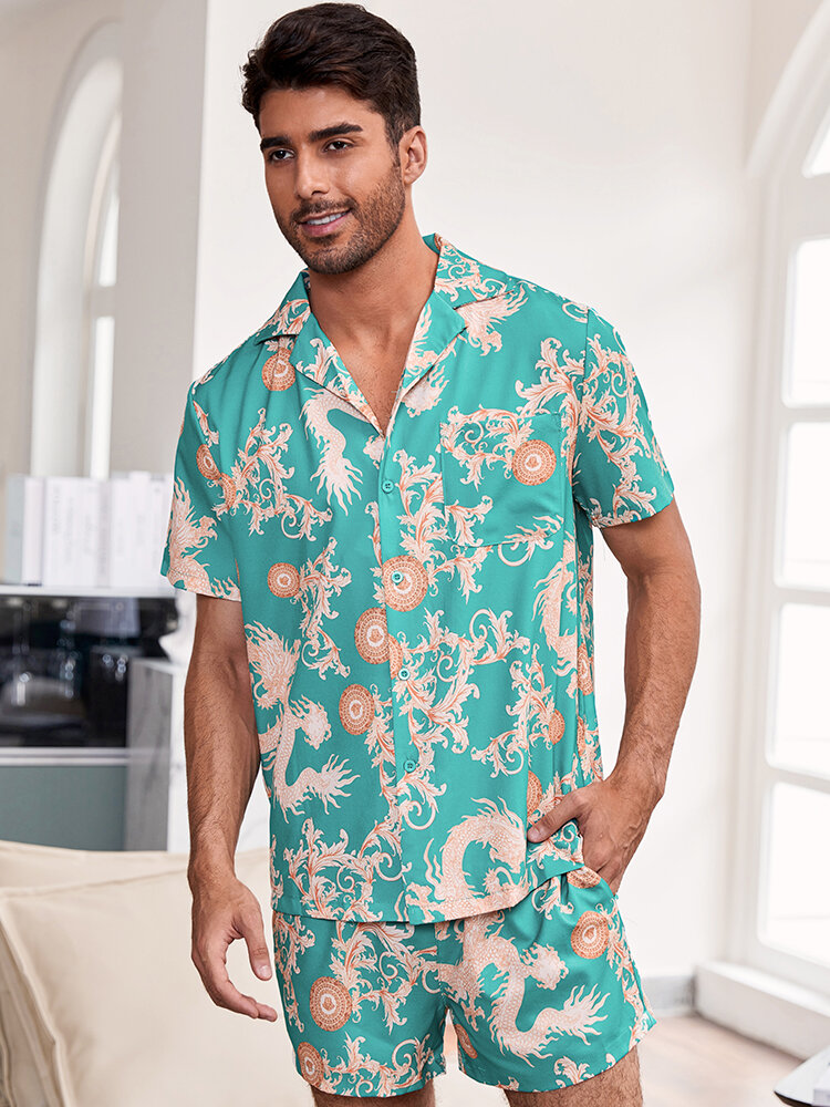 Chinese Dragon Pattern Luxury Pajamas Sets Summer Thin Loose Cozy Short Sleeve Nightwear for Men