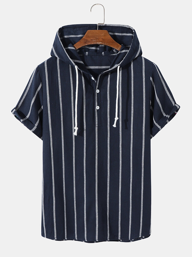 Mens 100% Cotton Stripe Short Sleeve Drawstring Hoodie Casual Hooded T-Shirts
