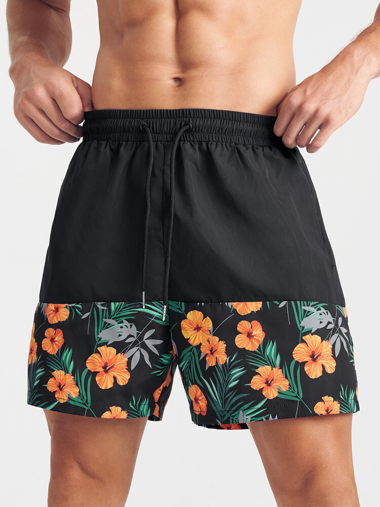 Men Floral Patchwork Rear Pocket Drawstring Beach Shorts