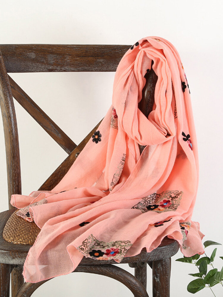 Womens Vogue Vintage Cotton Linen Embroidery Breathable Warm Scarf 180*70cm Oversize Shawl