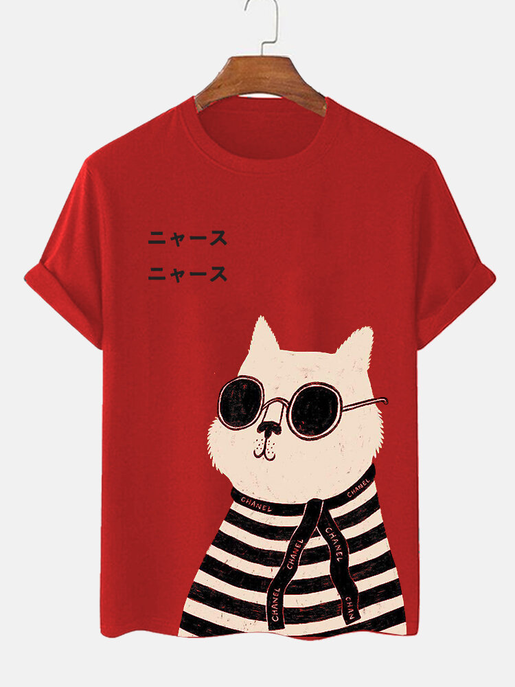 Mens Cartoon Cat Japanese Print Crew Neck Short Sleeve T-Shirts Winter