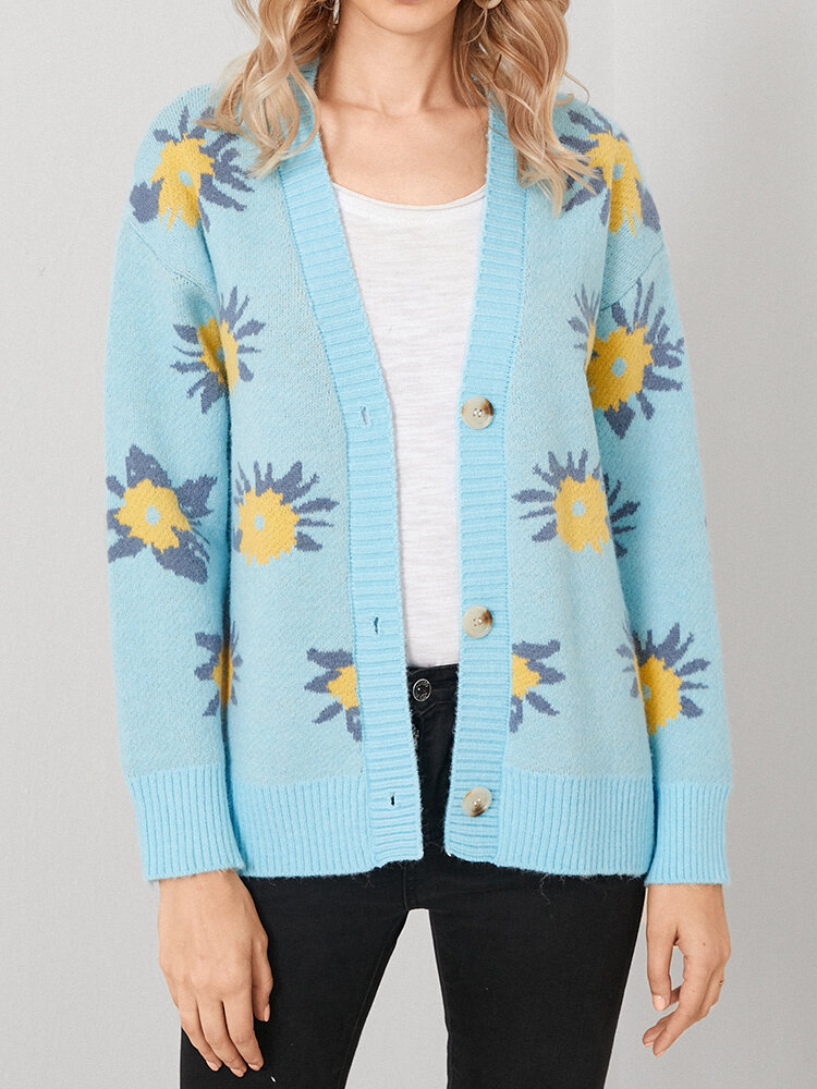 

Flower Jacquard Button Knit Long Sleeve V-neck Cardigan, Blue;beige