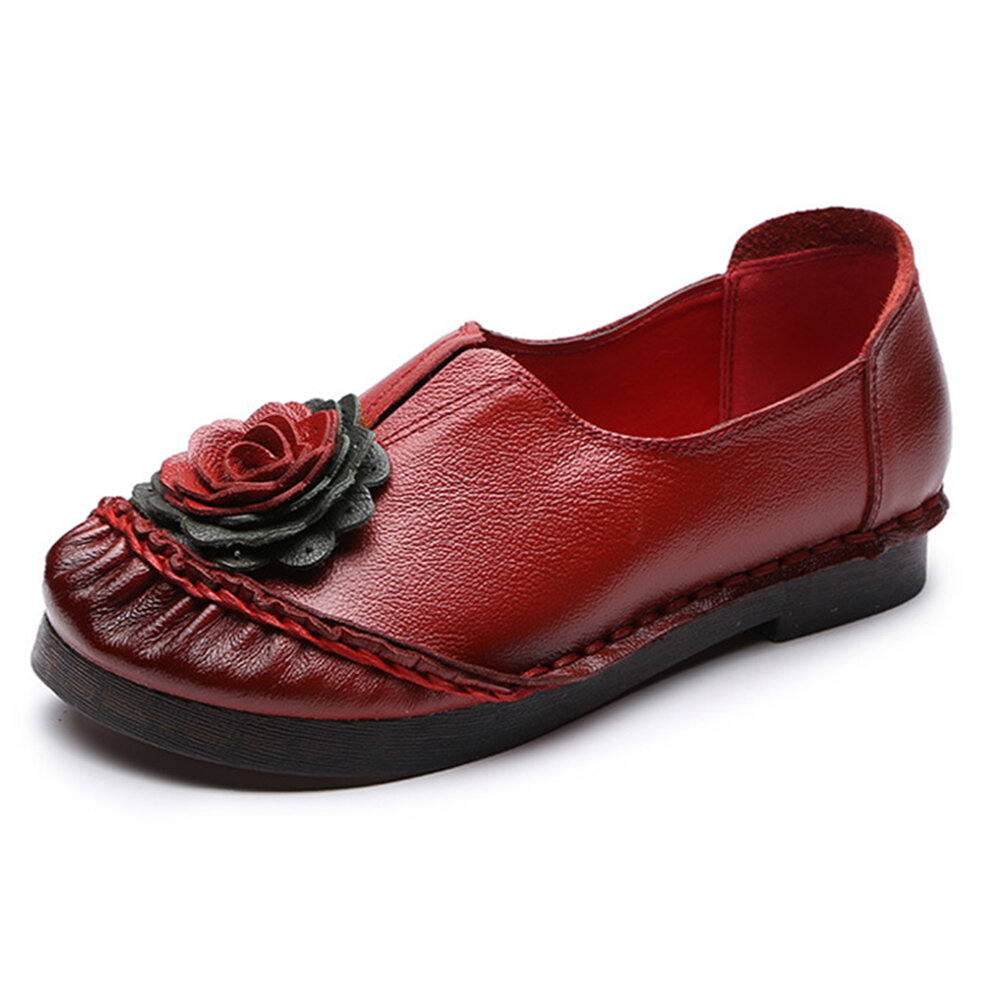 Women Soft Wearable Flower Genuine Leather Slip On Flats