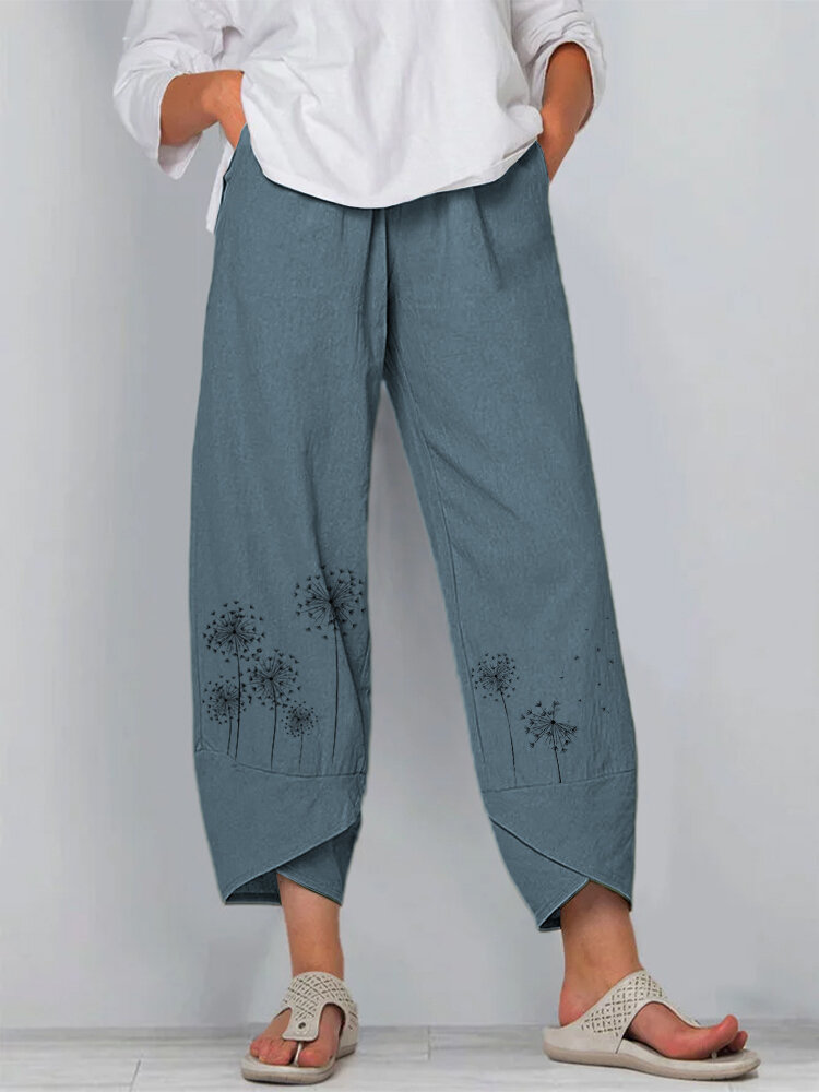 Flower Print Irregular Elastic Waist Pants For Women