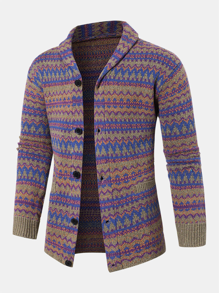 Mens Colorful Knitted Lapel Single Breasted Double Pocket Casual Cardigans