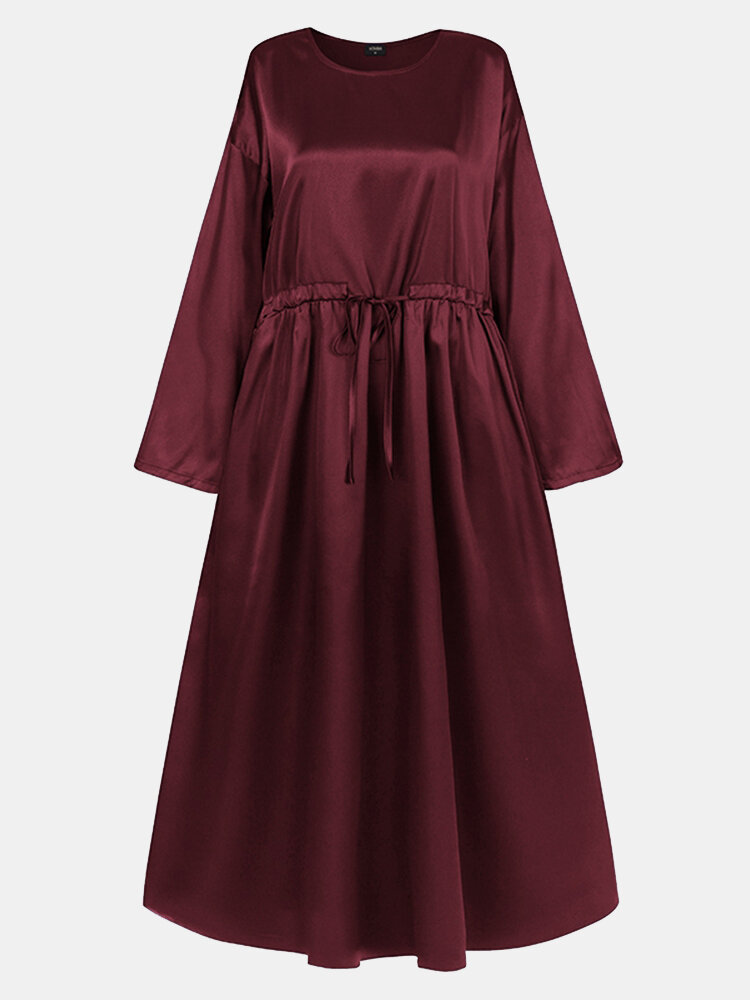 Solid Color Knotted Long Sleeve Loose Casual Maxi Dress